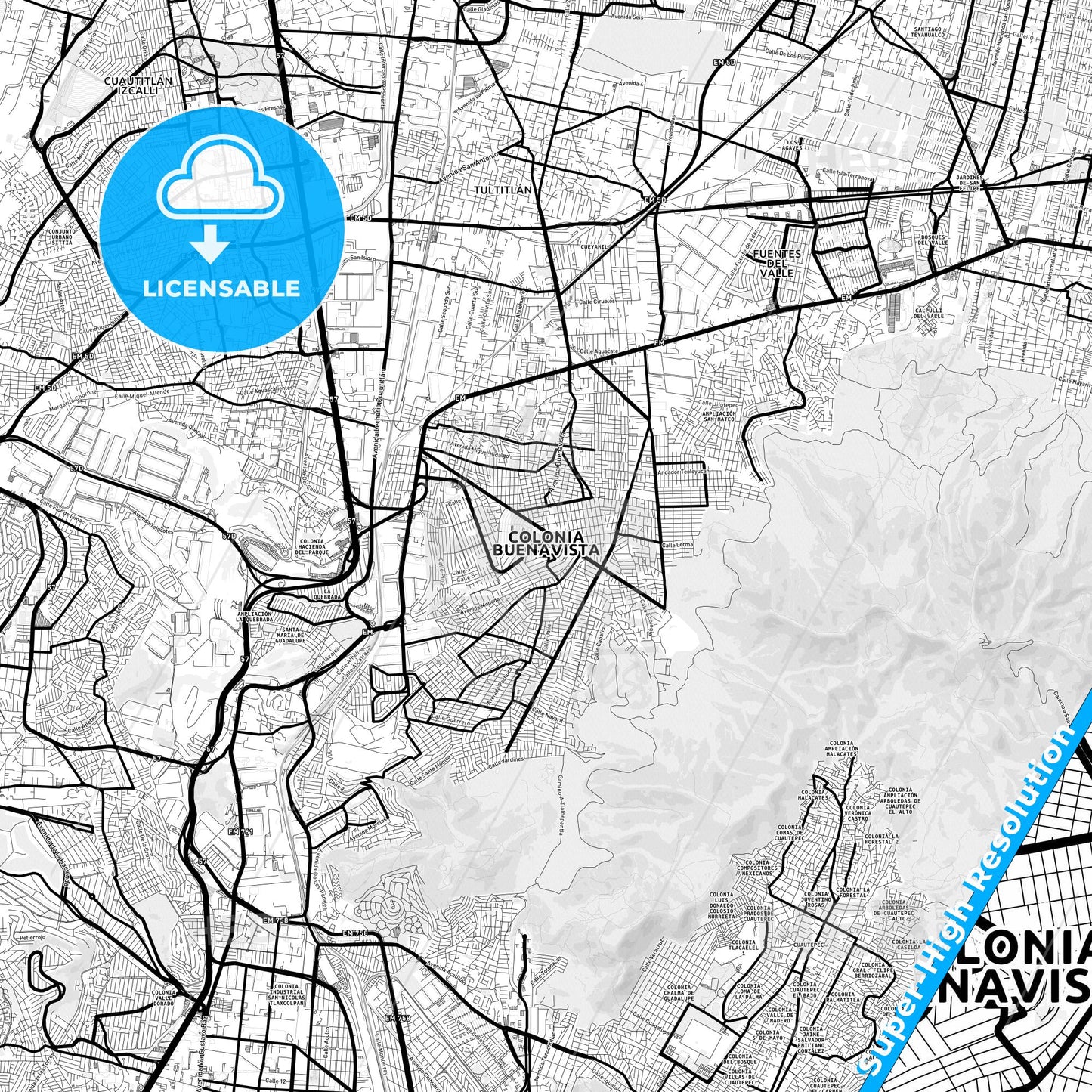 Buenavista, Mexico Light Map with Street Names, City Names, and Districts
