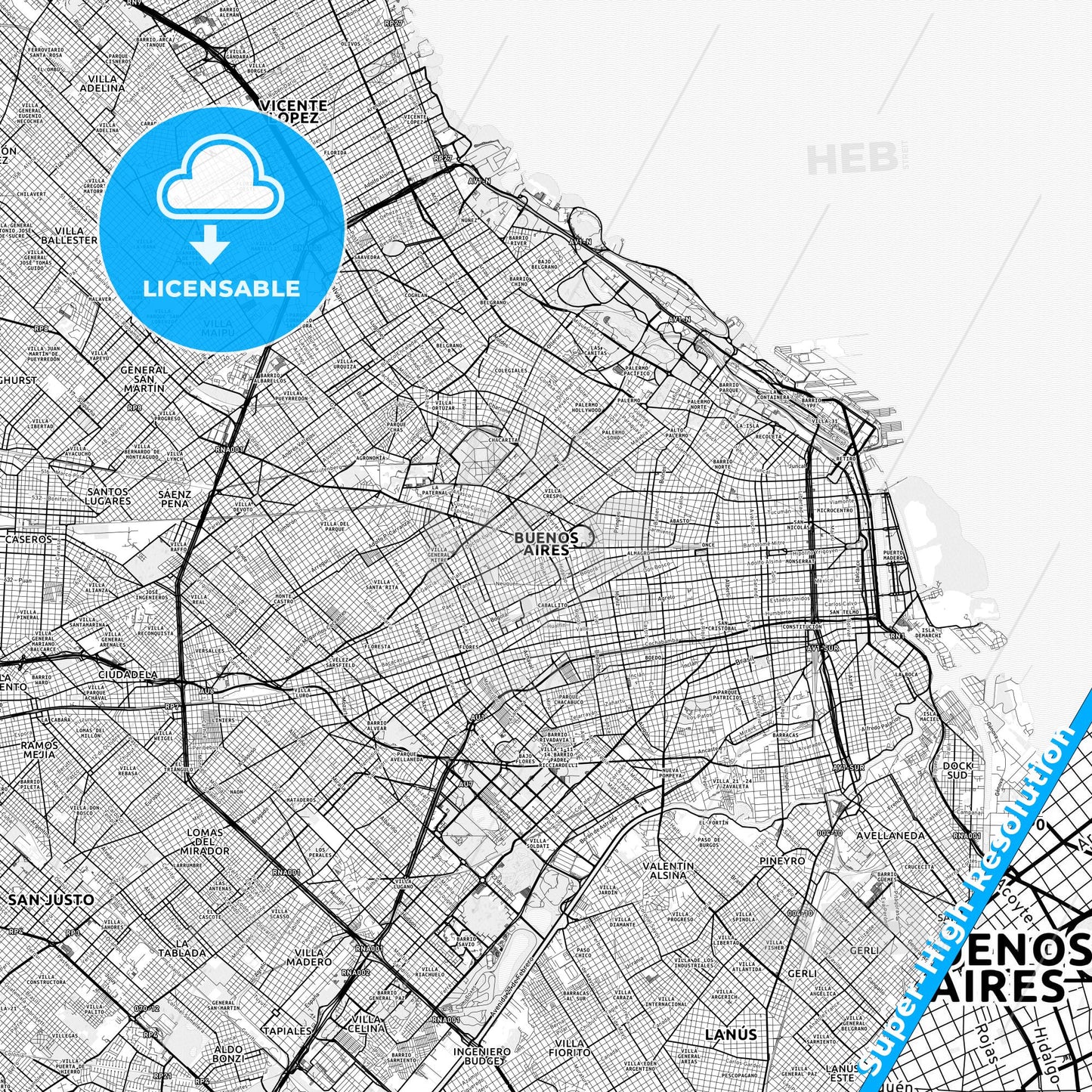 Buenos Aires, Argentina light map with streetnames, citynames and districts