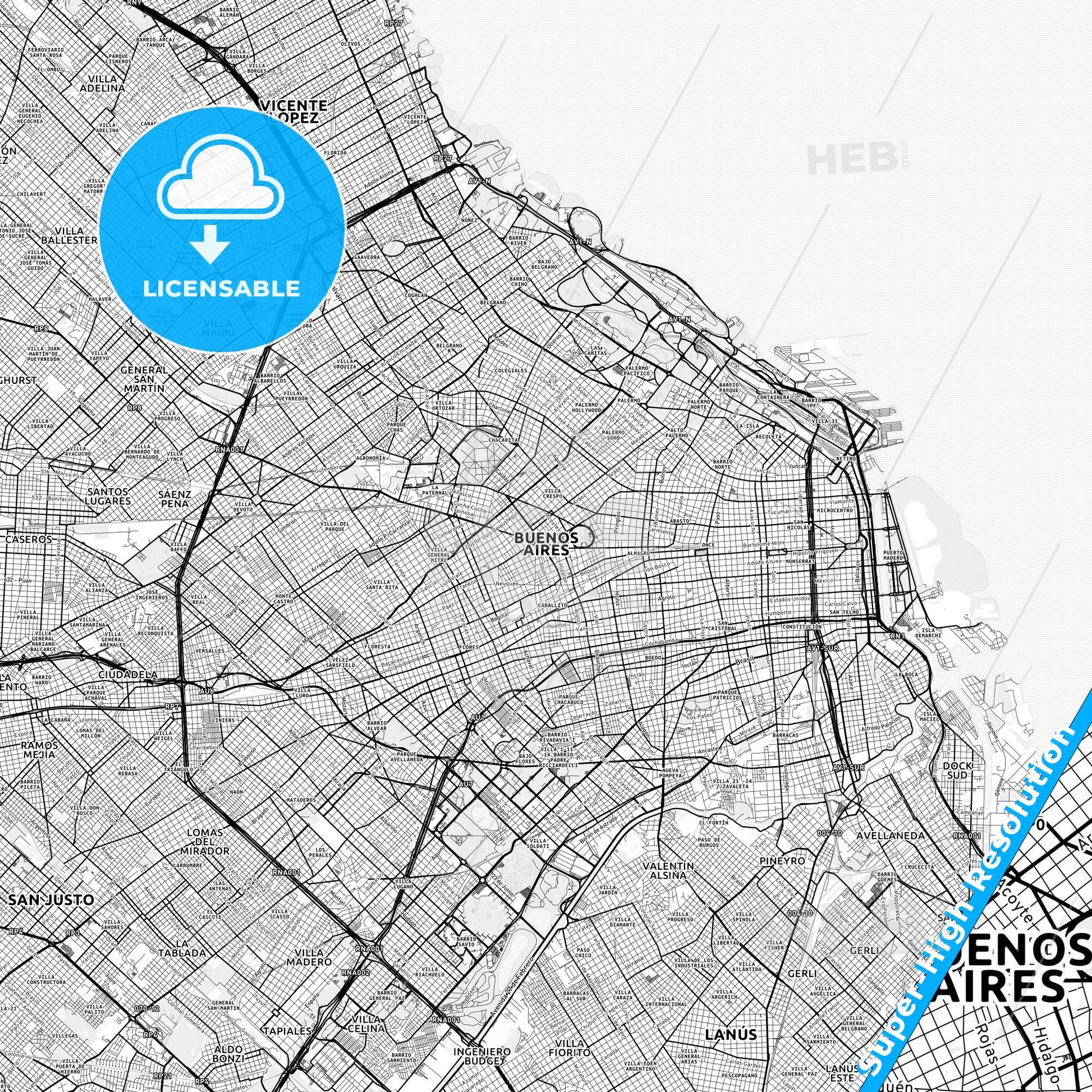 Buenos Aires, Argentina light map with streetnames, citynames and districts