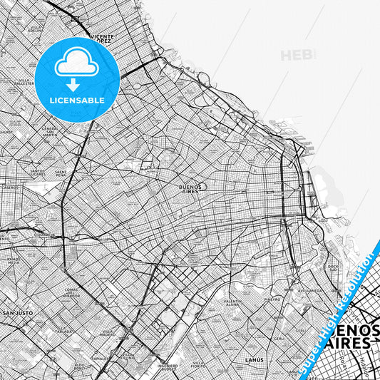 Buenos Aires, Argentina light map with streetnames, citynames and districts
