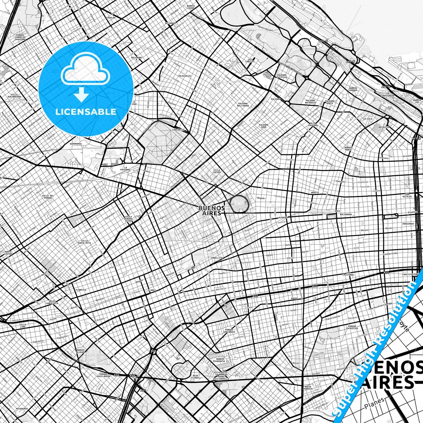 Buenos Aires, Argentina Light Map with Street Names, City Names, and Districts