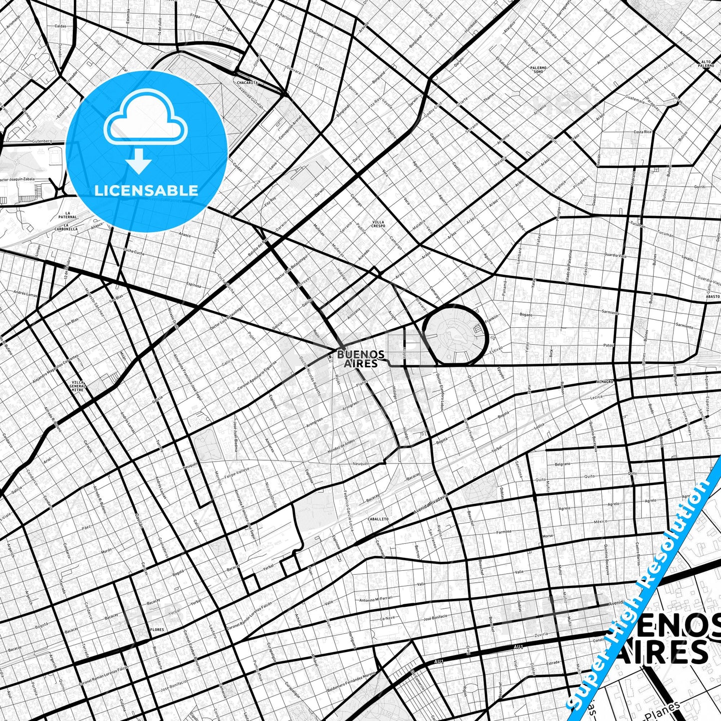 Buenos Aires, Argentina Light Map with Street Names, City Names, and Districts