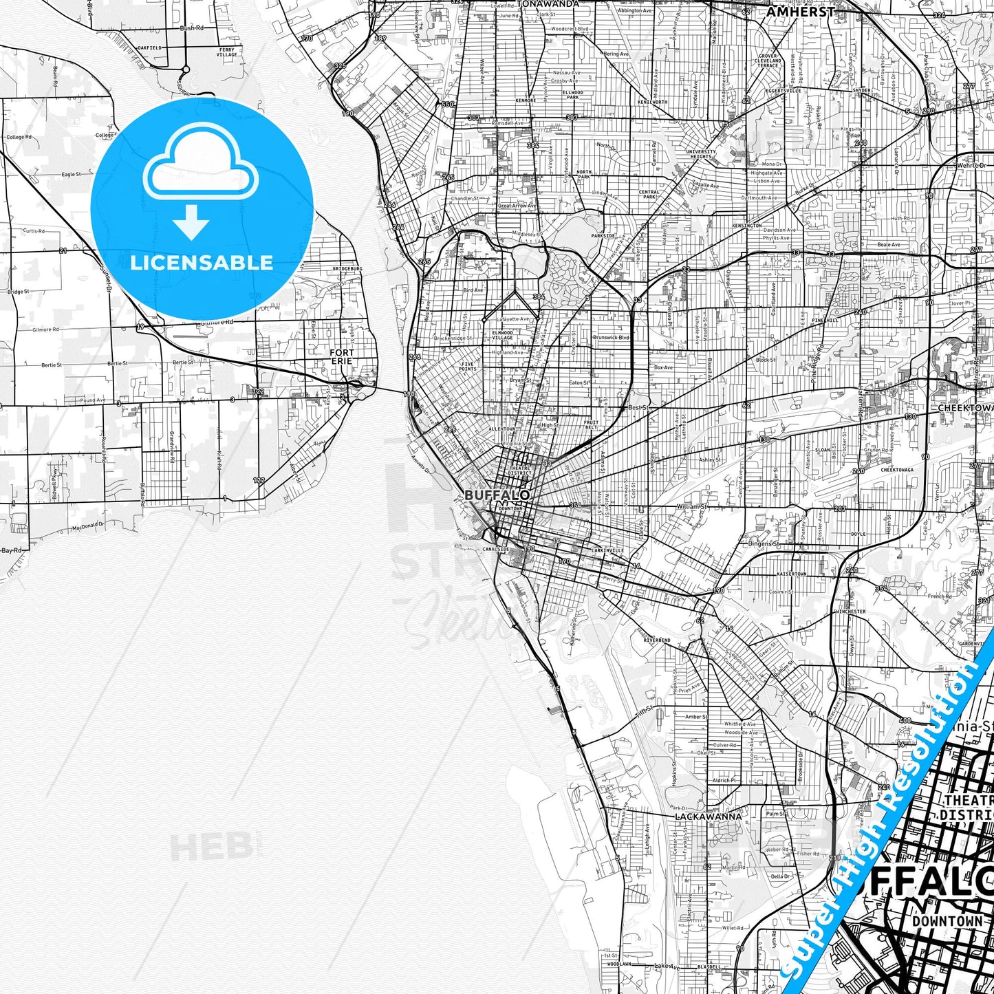 Buffalo, New York light map with streetnames, citynames and districts