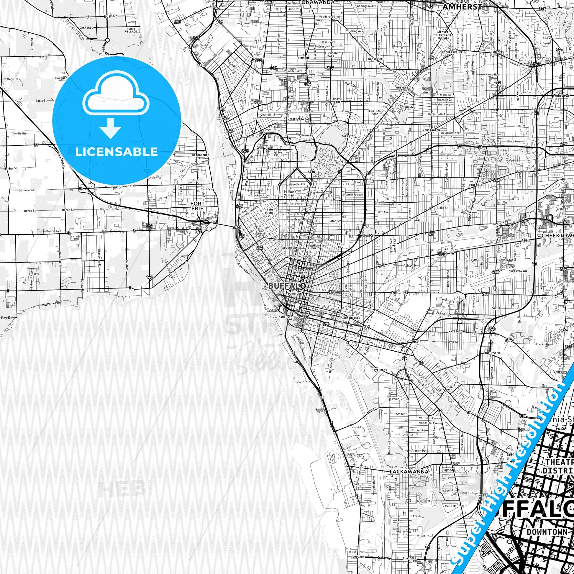 Buffalo, New York light map with streetnames, citynames and districts