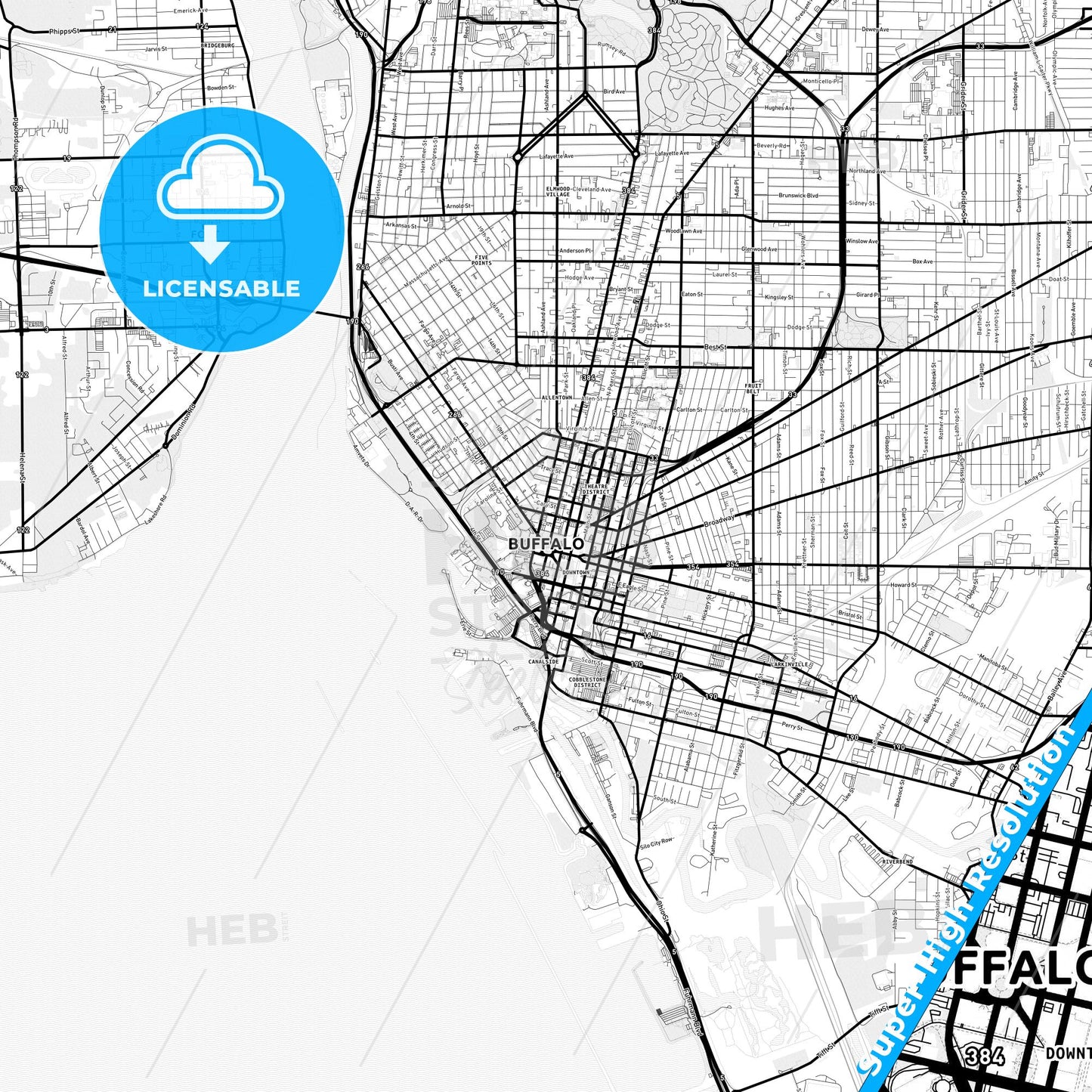 Buffalo, New York Light Map with Street Names, City Names, and Districts