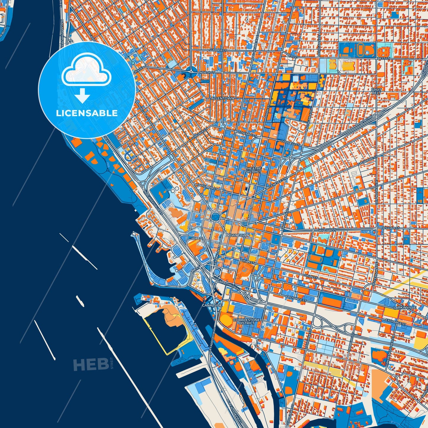 Colorful Buffalo Street Map with Labels and Buildings