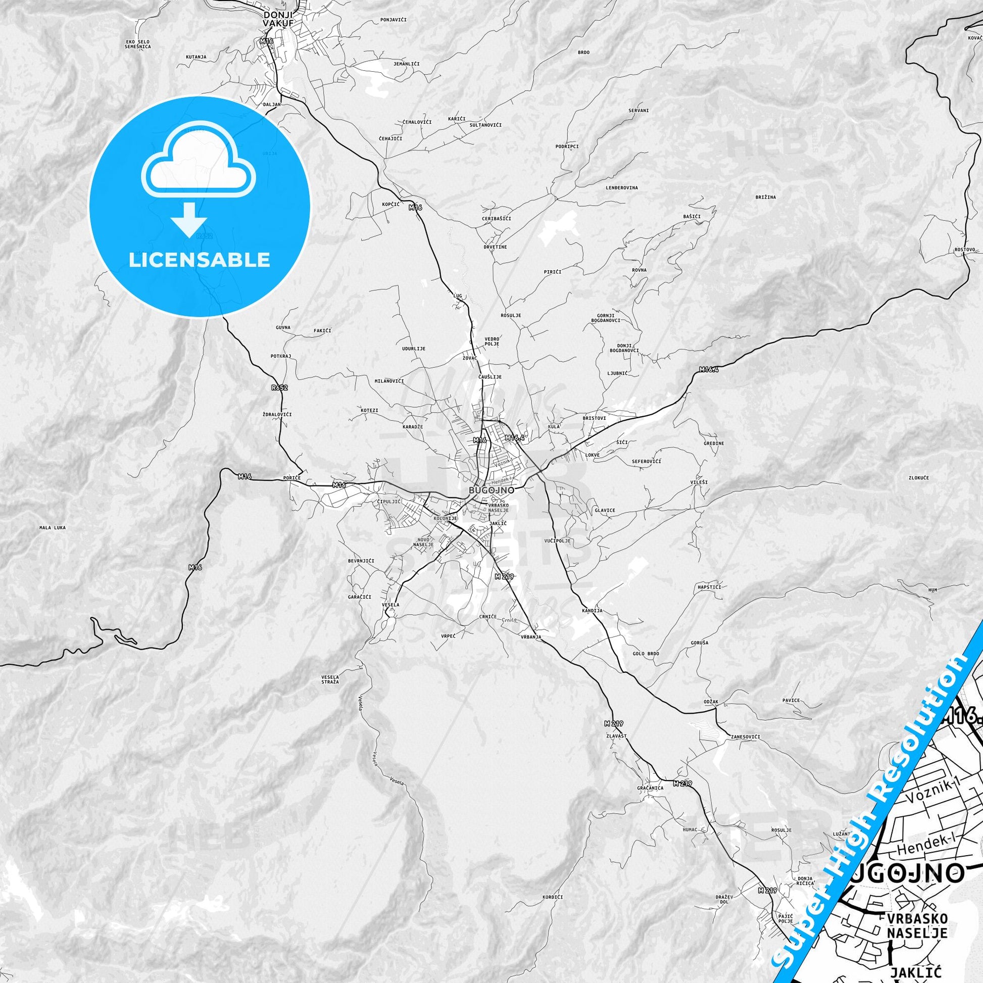 Bugojno, Bosnia and Herzegovina light map with streetnames, citynames and districts