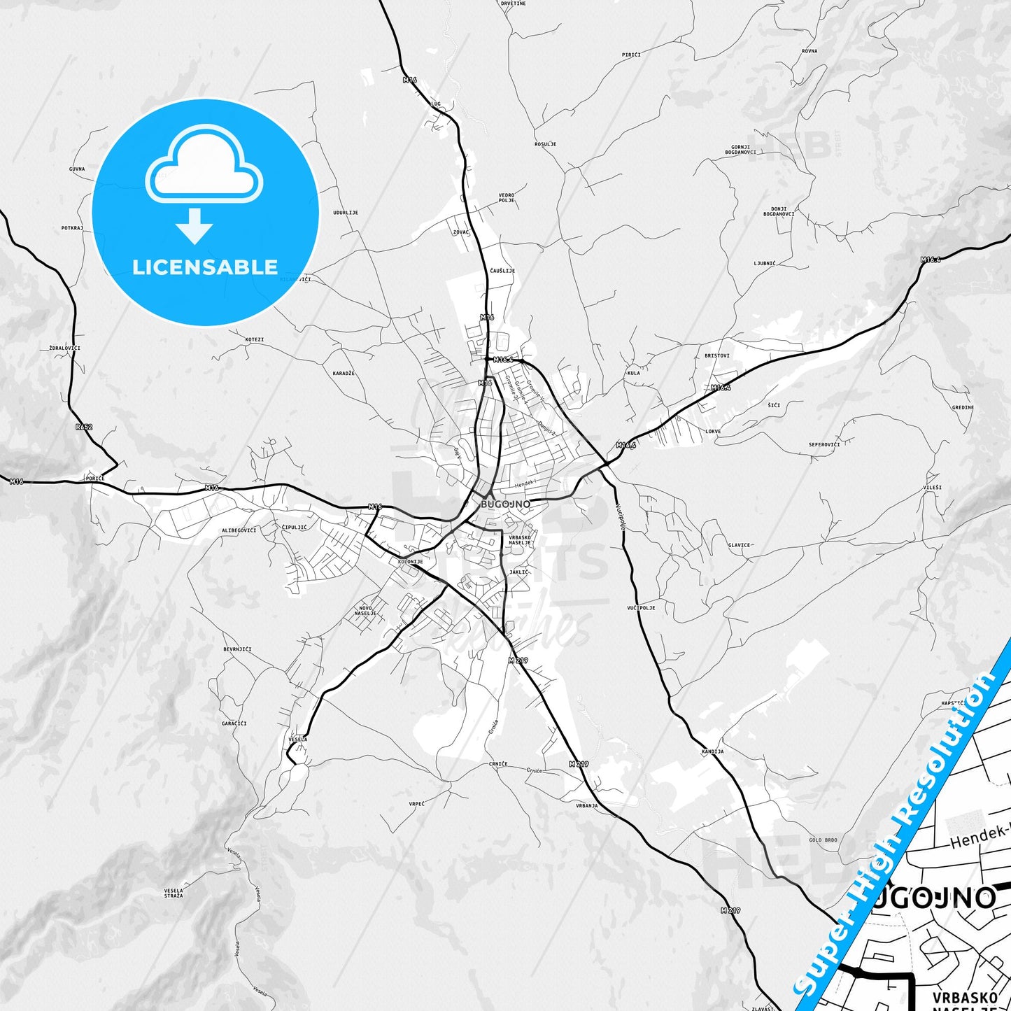 Bugojno, Bosnia and Herzegovina Light Map with Street Names, City Names, and Districts
