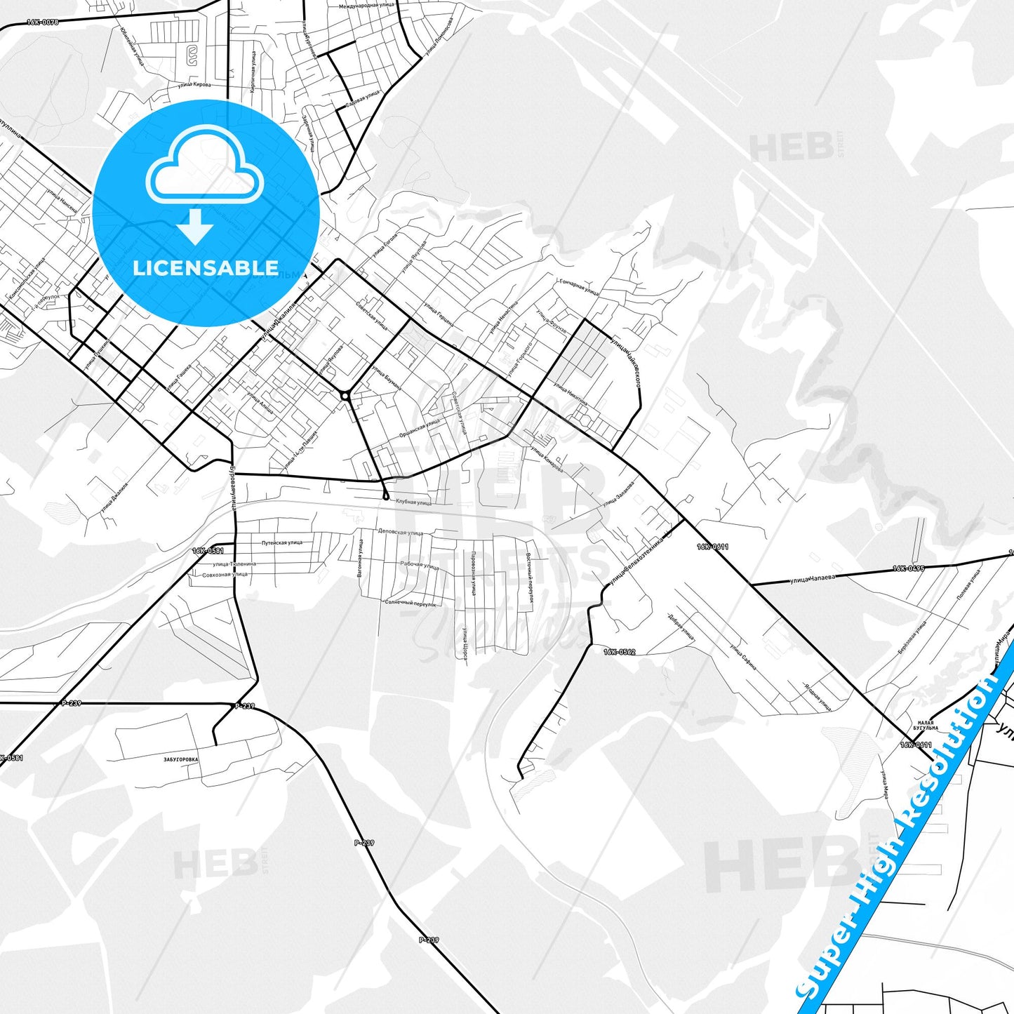 Bugulma, Russia Light Map with Street Names, City Names, and Districts