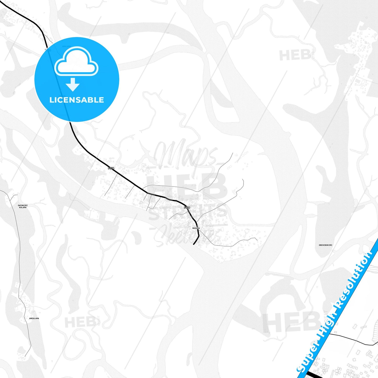 Buguma, Nigeria Light Map with Street Names, City Names, and Districts
