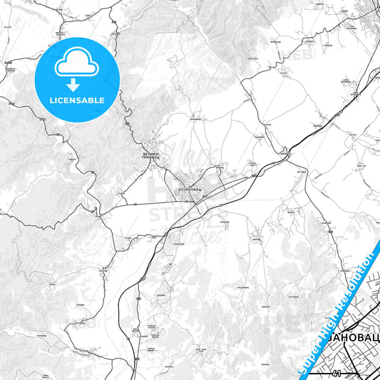 Bujanovac, Serbia light map with streetnames, citynames and districts