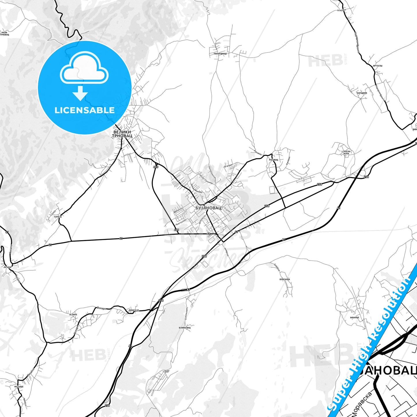 Bujanovac, Serbia Light Map with Street Names, City Names, and Districts