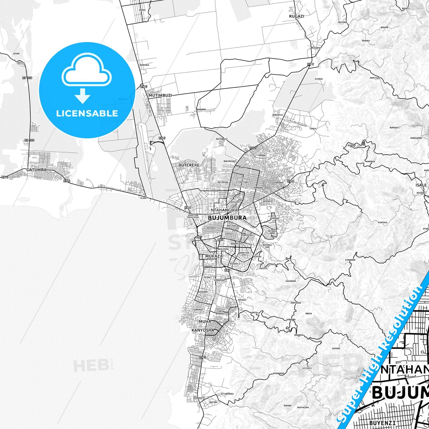 Bujumbura, Burundi light map with streetnames, citynames and districts