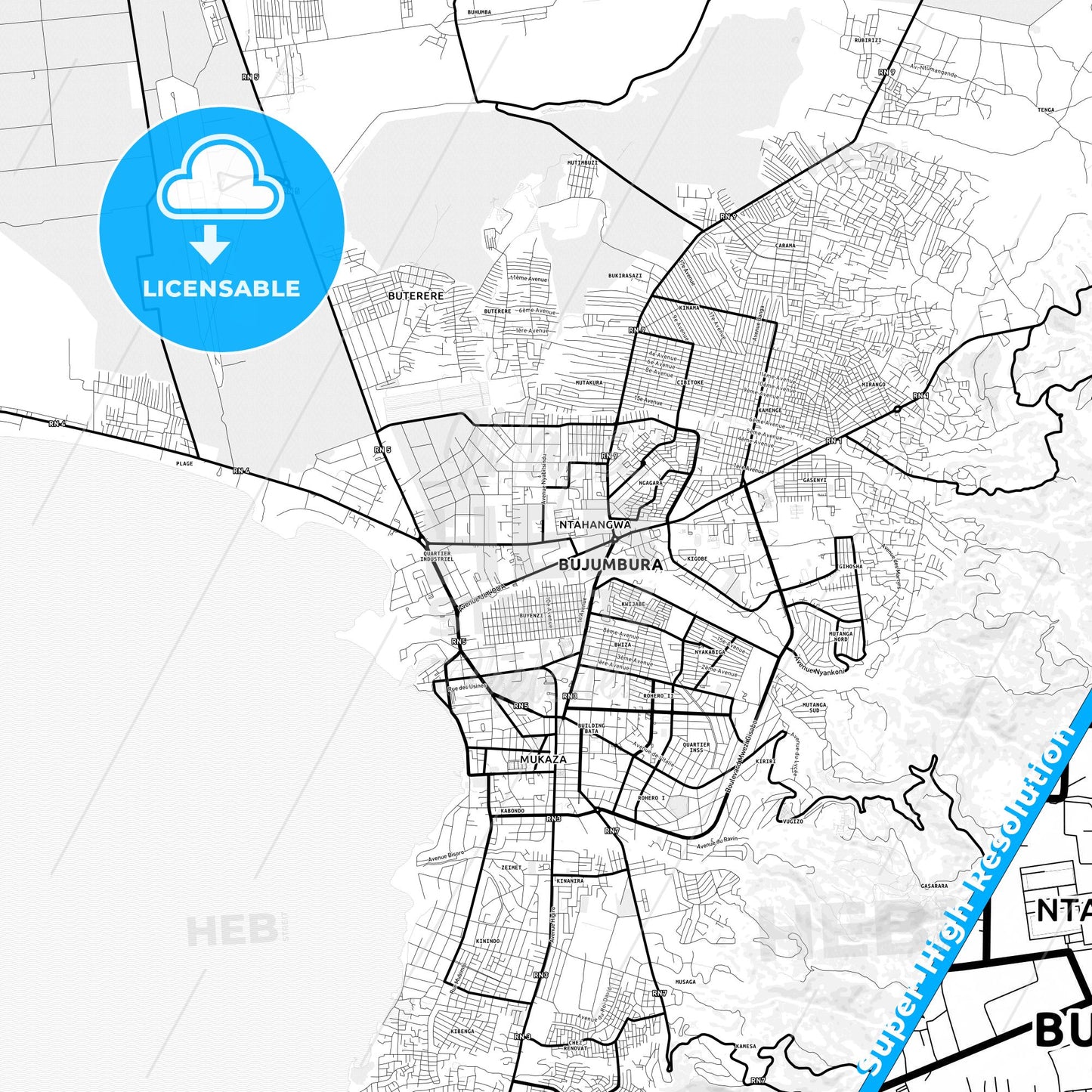 Bujumbura, Burundi Light Map with Street Names, City Names, and Districts