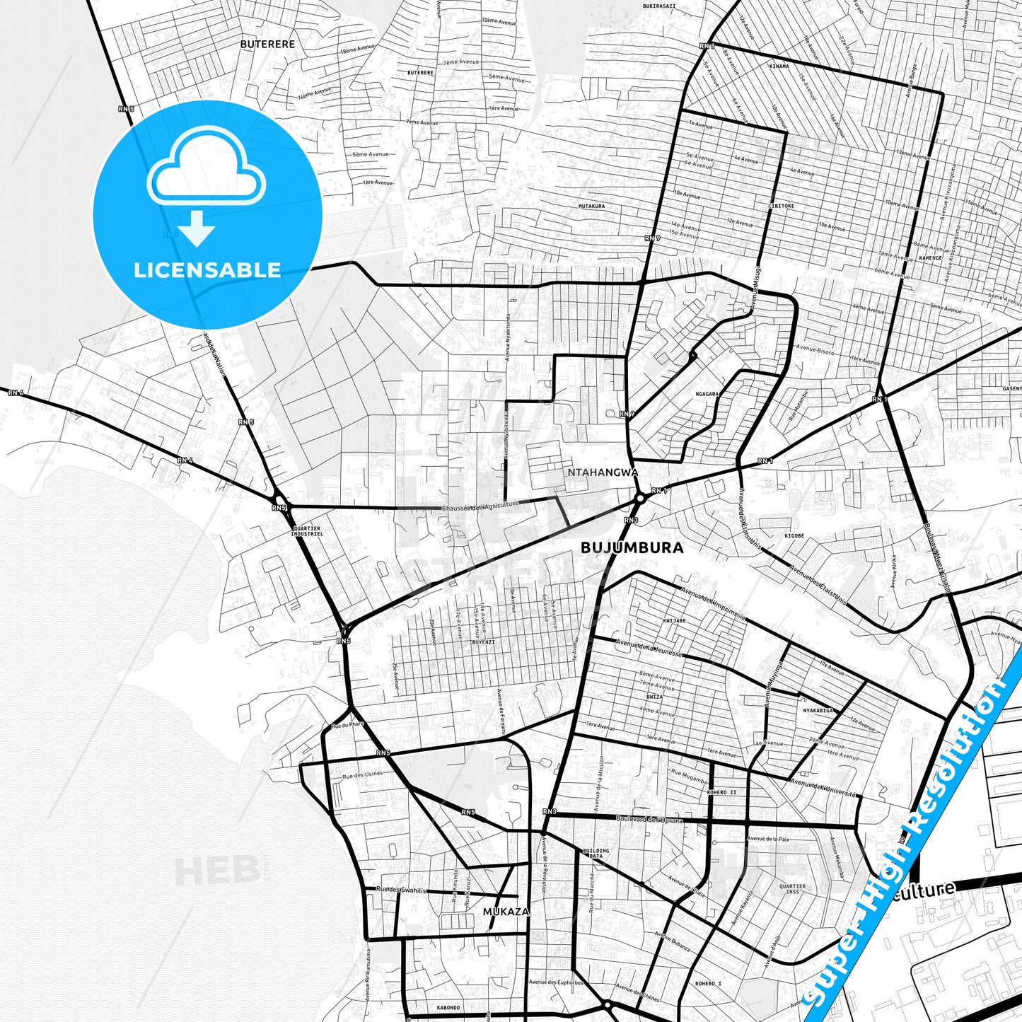 Bujumbura, Burundi Light Map with Street Names, City Names, and Districts