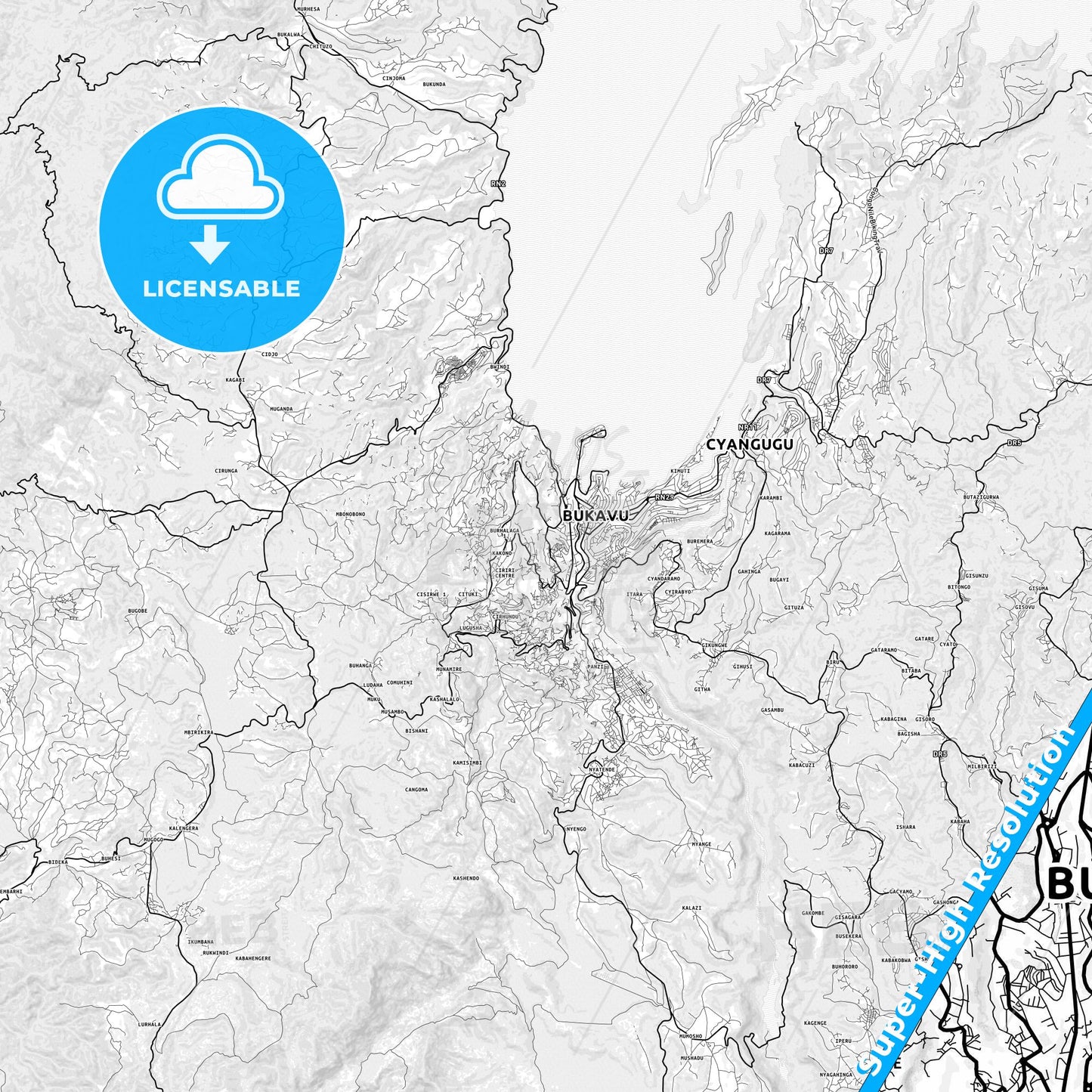Bukavu, DR Congo light map with streetnames, citynames and districts