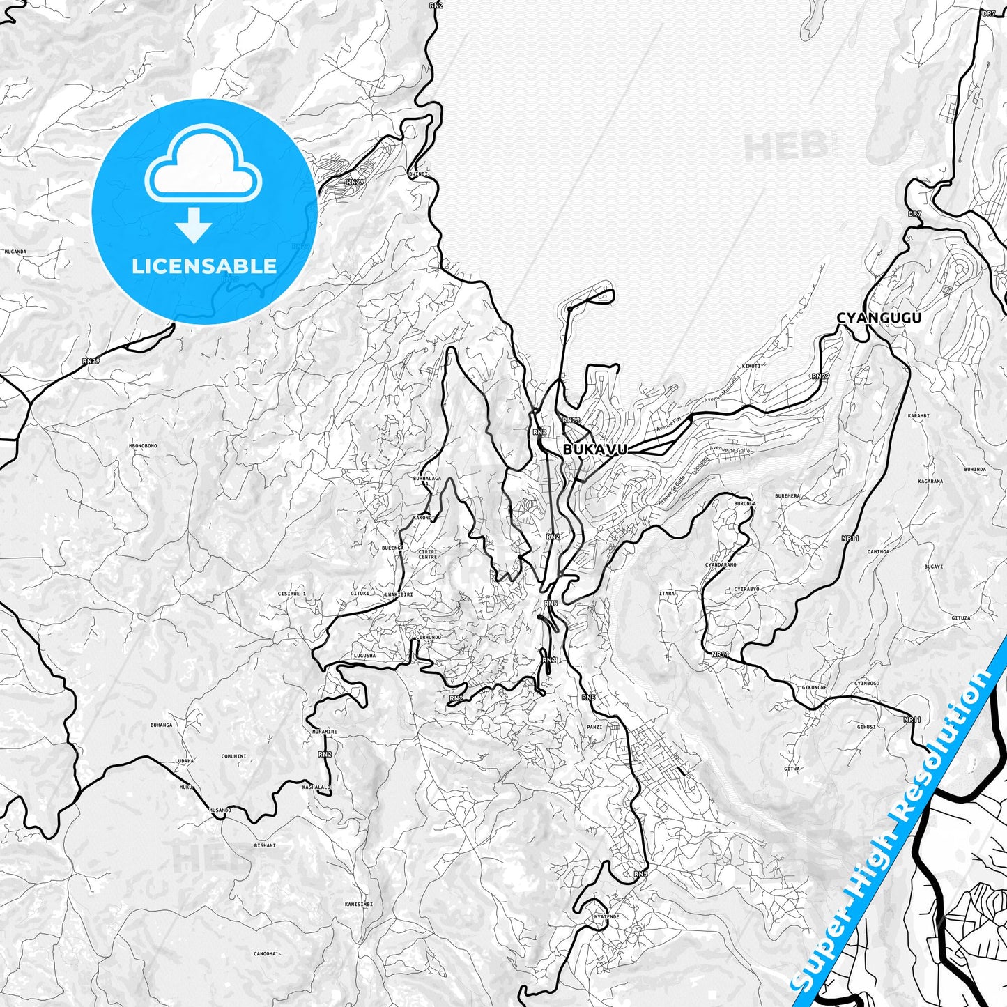 Bukavu, DR Congo Light Map with Street Names, City Names, and Districts
