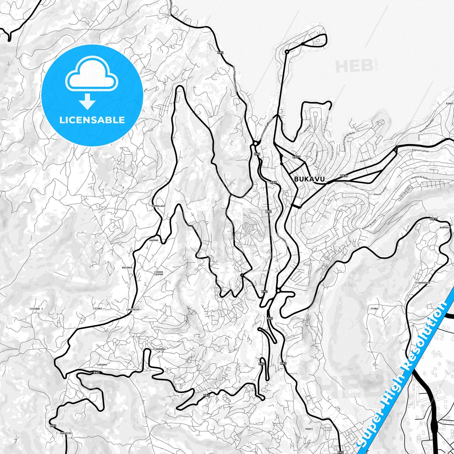 Bukavu, DR Congo Light Map with Street Names, City Names, and Districts