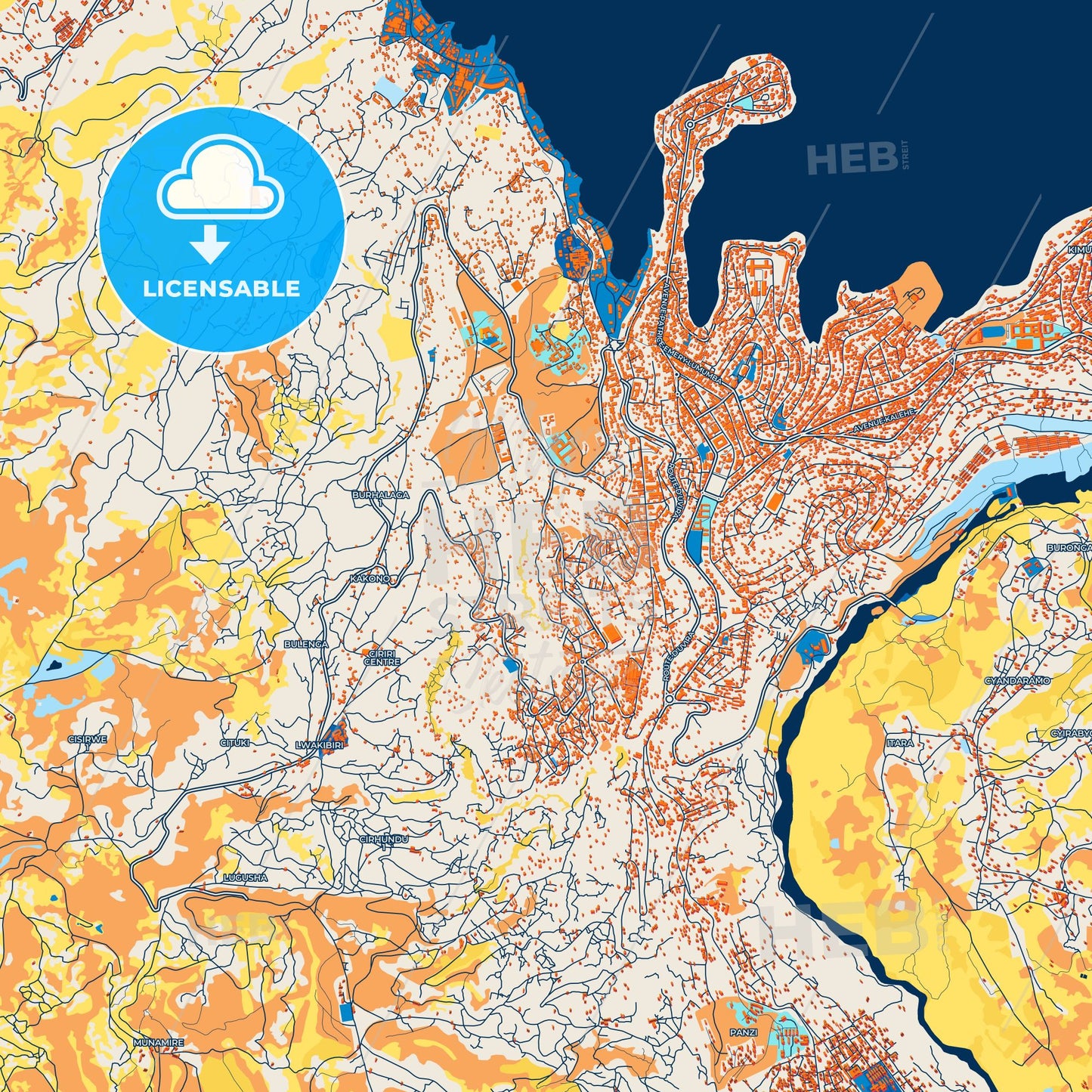 Colorful Bukavu Street Map with Labels and Buildings