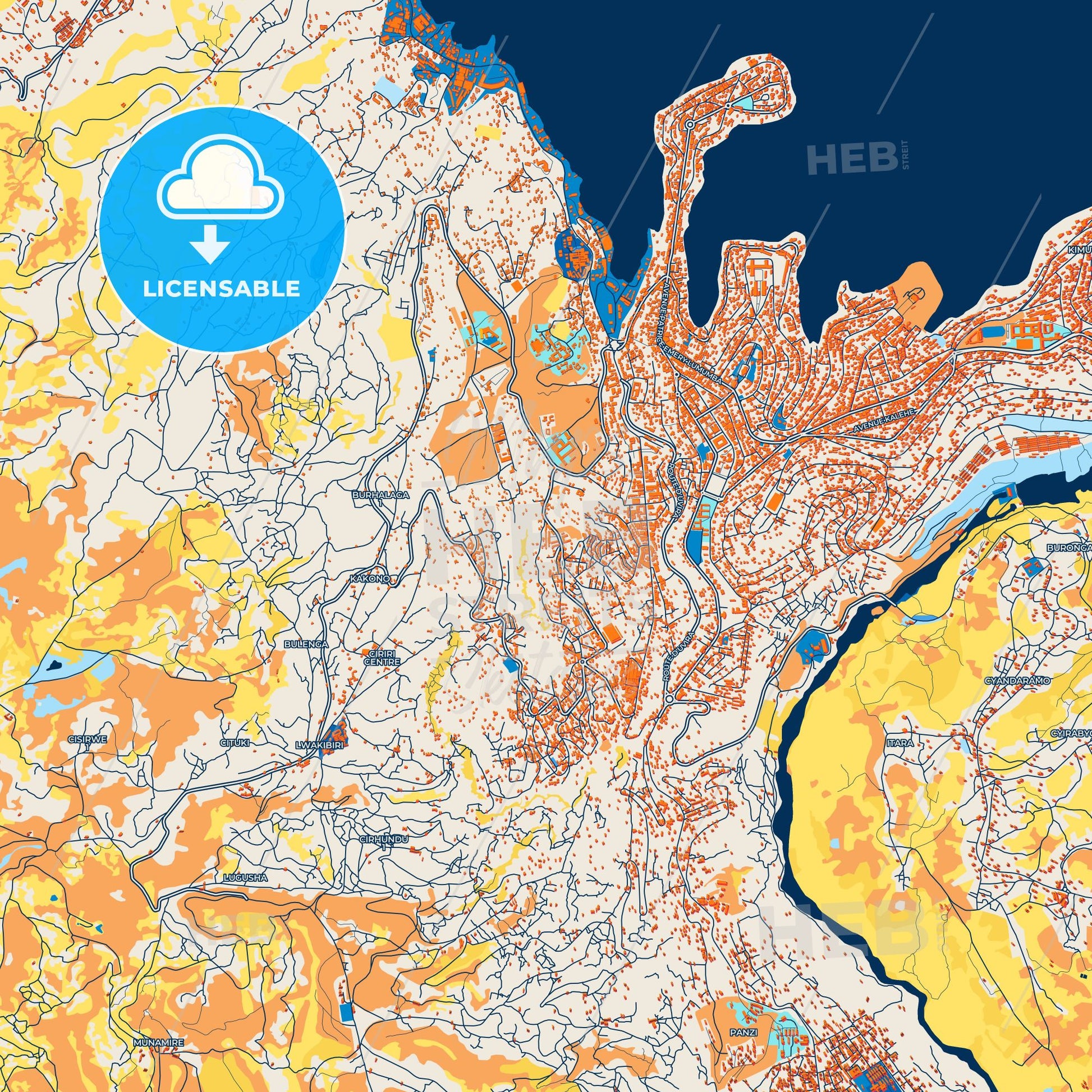 Colorful Bukavu Street Map with Labels and Buildings
