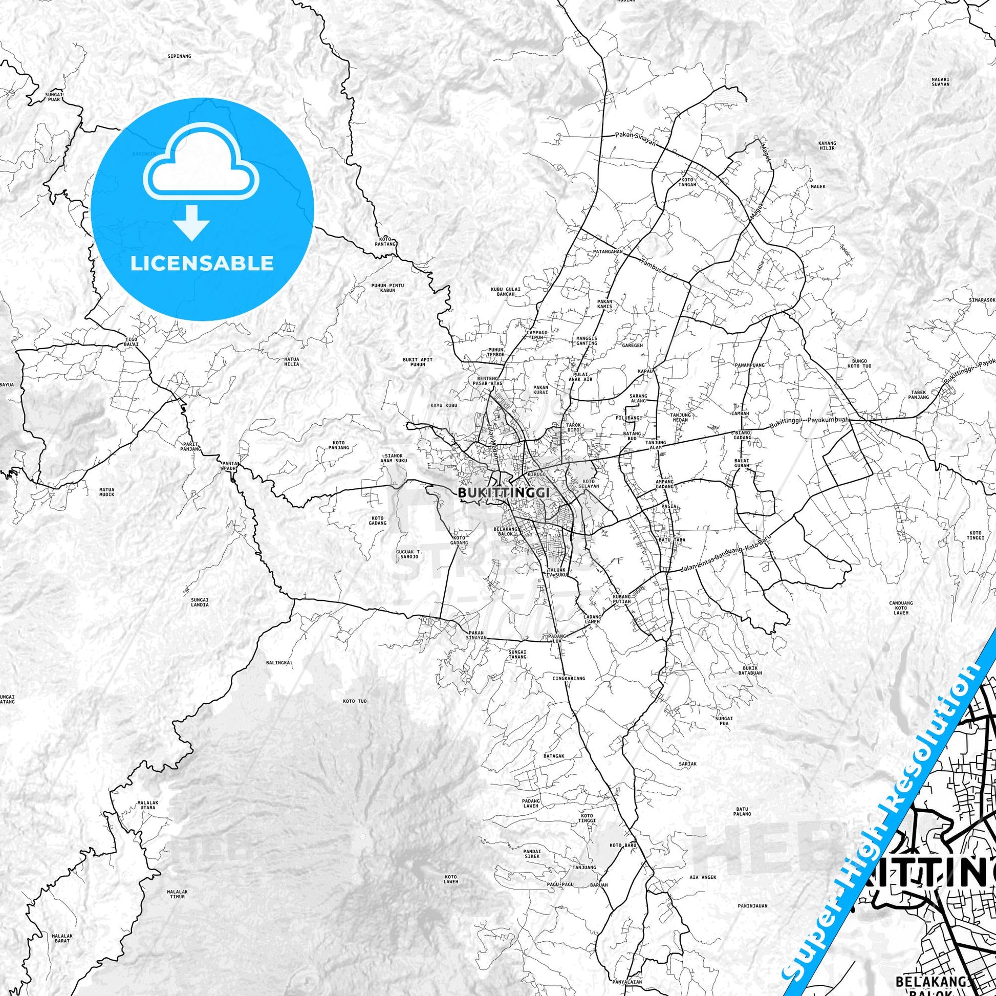 Bukittinggi, Indonesia light map with streetnames, citynames and districts