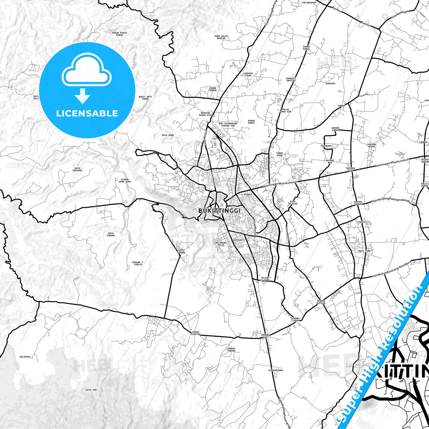 Bukittinggi, Indonesia Light Map with Street Names, City Names, and Districts
