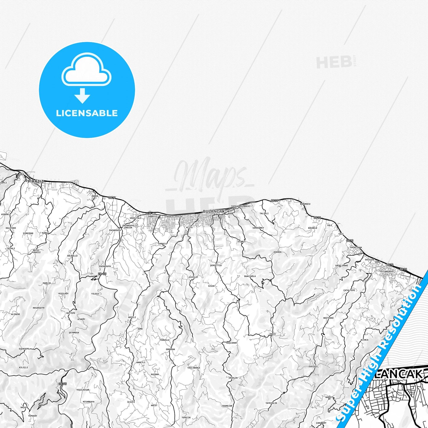 Bulancak, Turkey light map with streetnames, citynames and districts