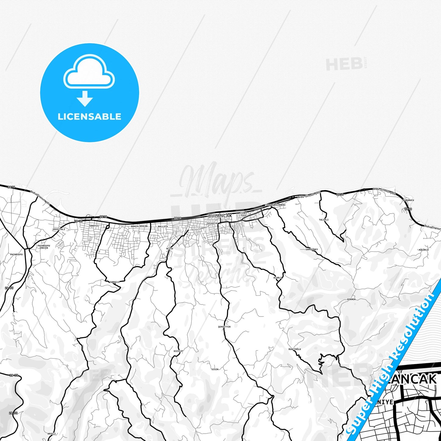 Bulancak, Turkey Light Map with Street Names, City Names, and Districts