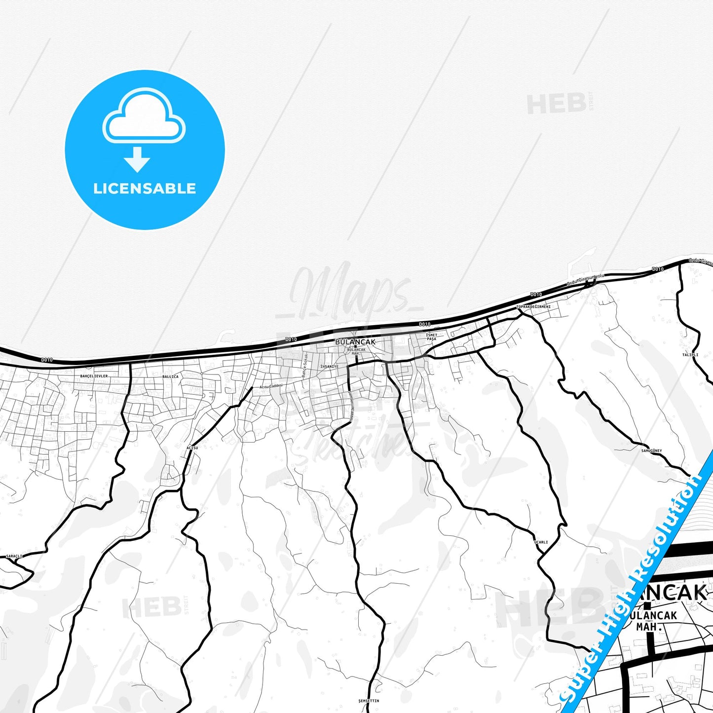 Bulancak, Turkey Light Map with Street Names, City Names, and Districts