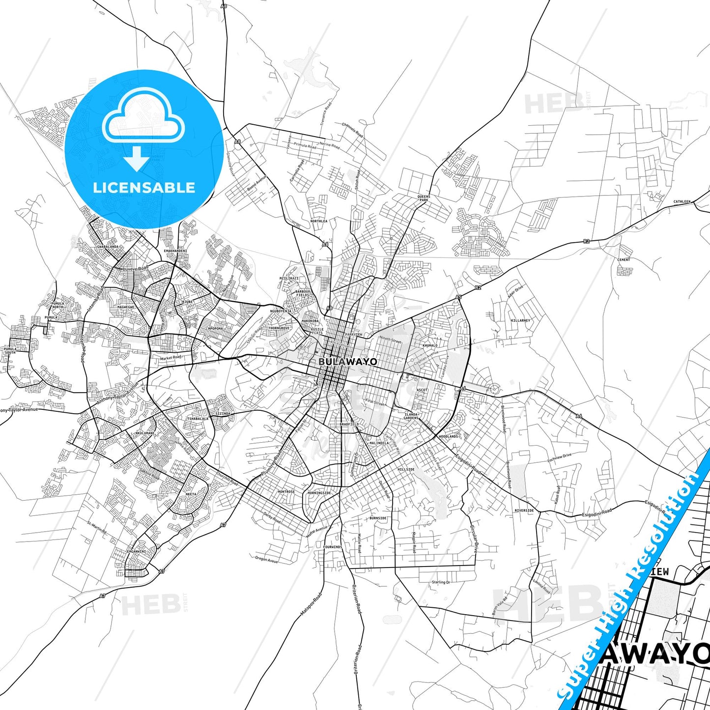 Bulawayo, Zimbabwe light map with streetnames, citynames and districts