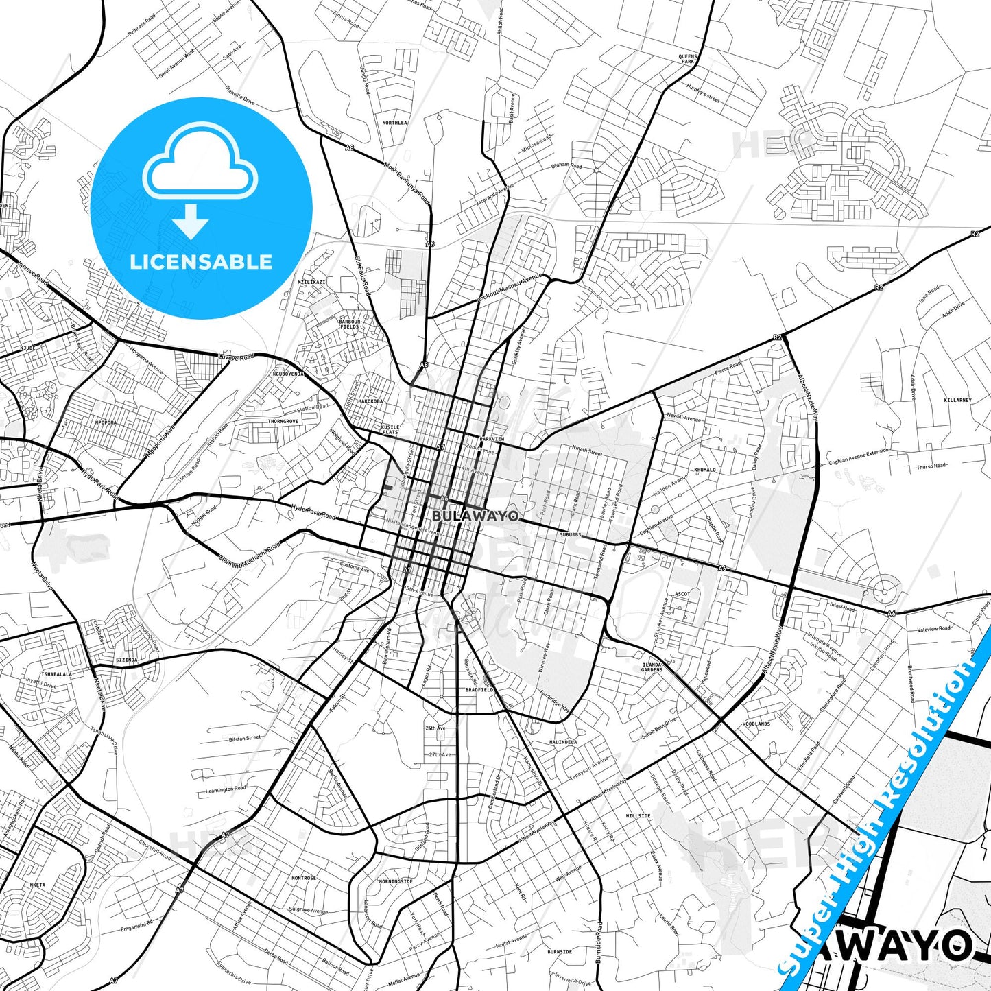 Bulawayo, Zimbabwe Light Map with Street Names, City Names, and Districts