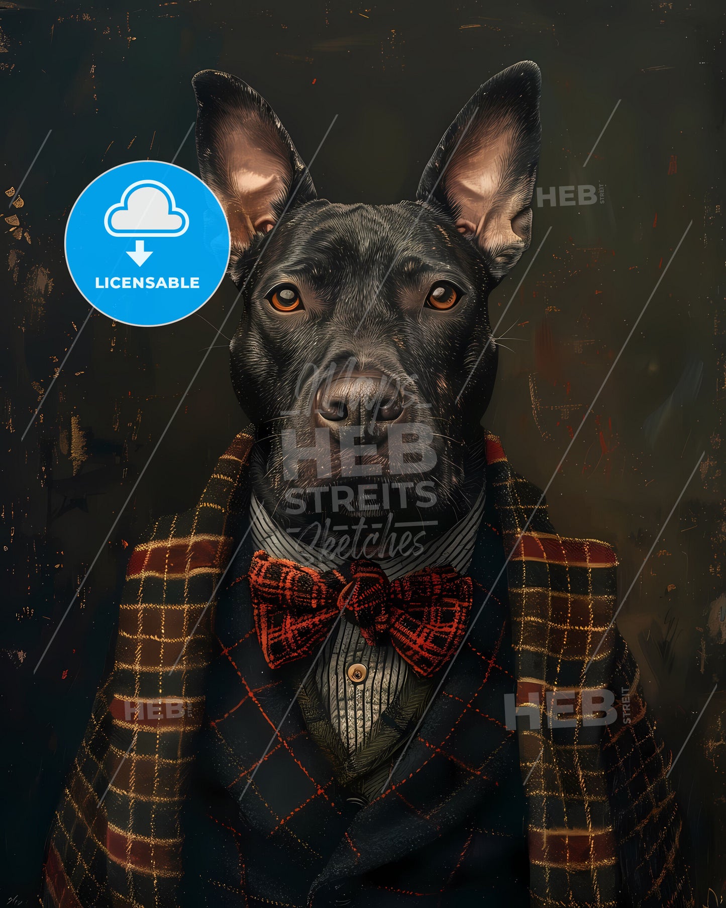 Artful Bull Terrier Painting in Suit and Bow Tie: Unique Dog Art for Collectors and Animal Lovers
