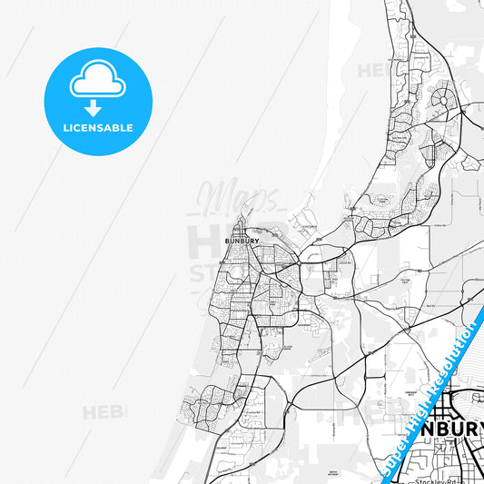 Bunbury, Australia light map with streetnames, citynames and districts