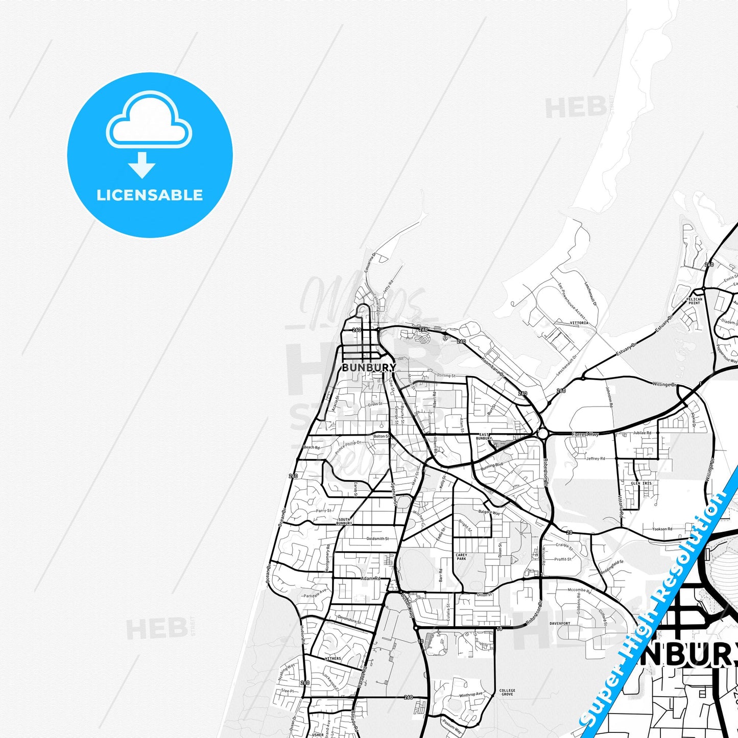 Bunbury, Australia Light Map with Street Names, City Names, and Districts