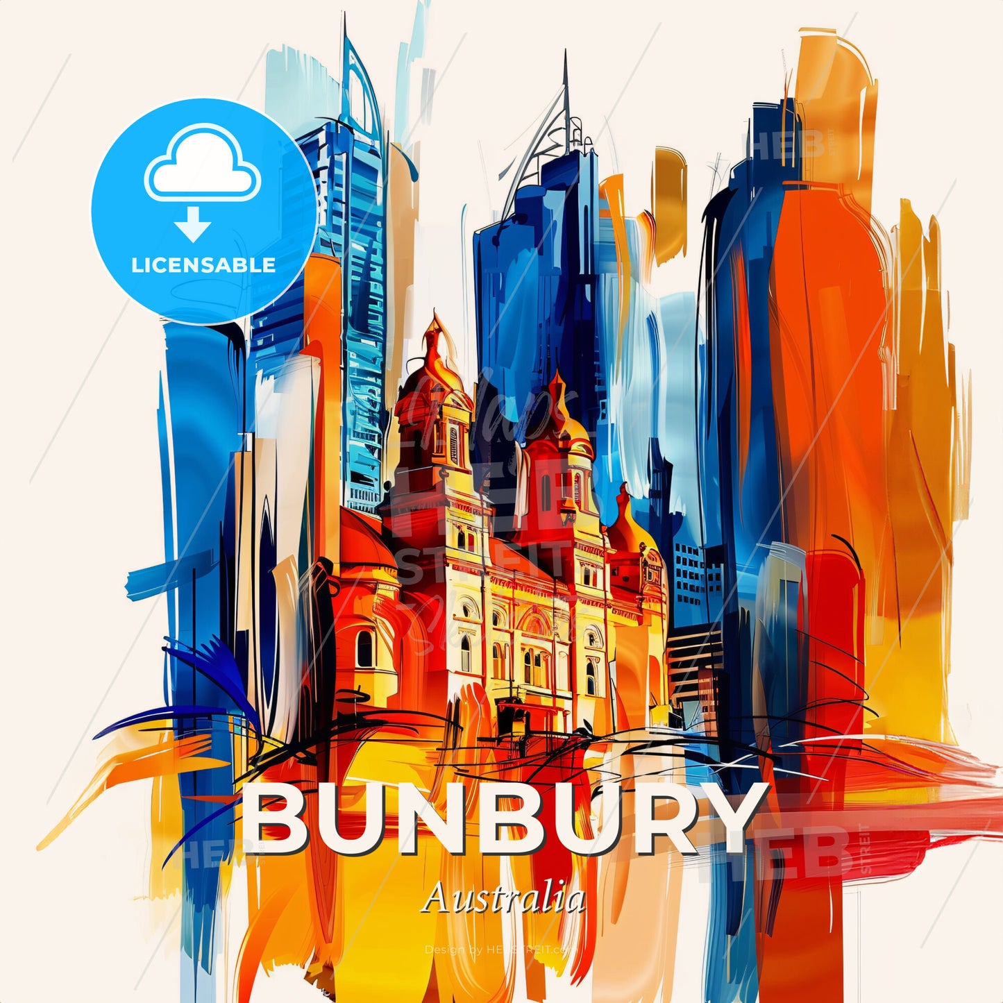 Vibrant Bunbury, Australia - A Painting Of A Building With A Colorful Background - Square format print template