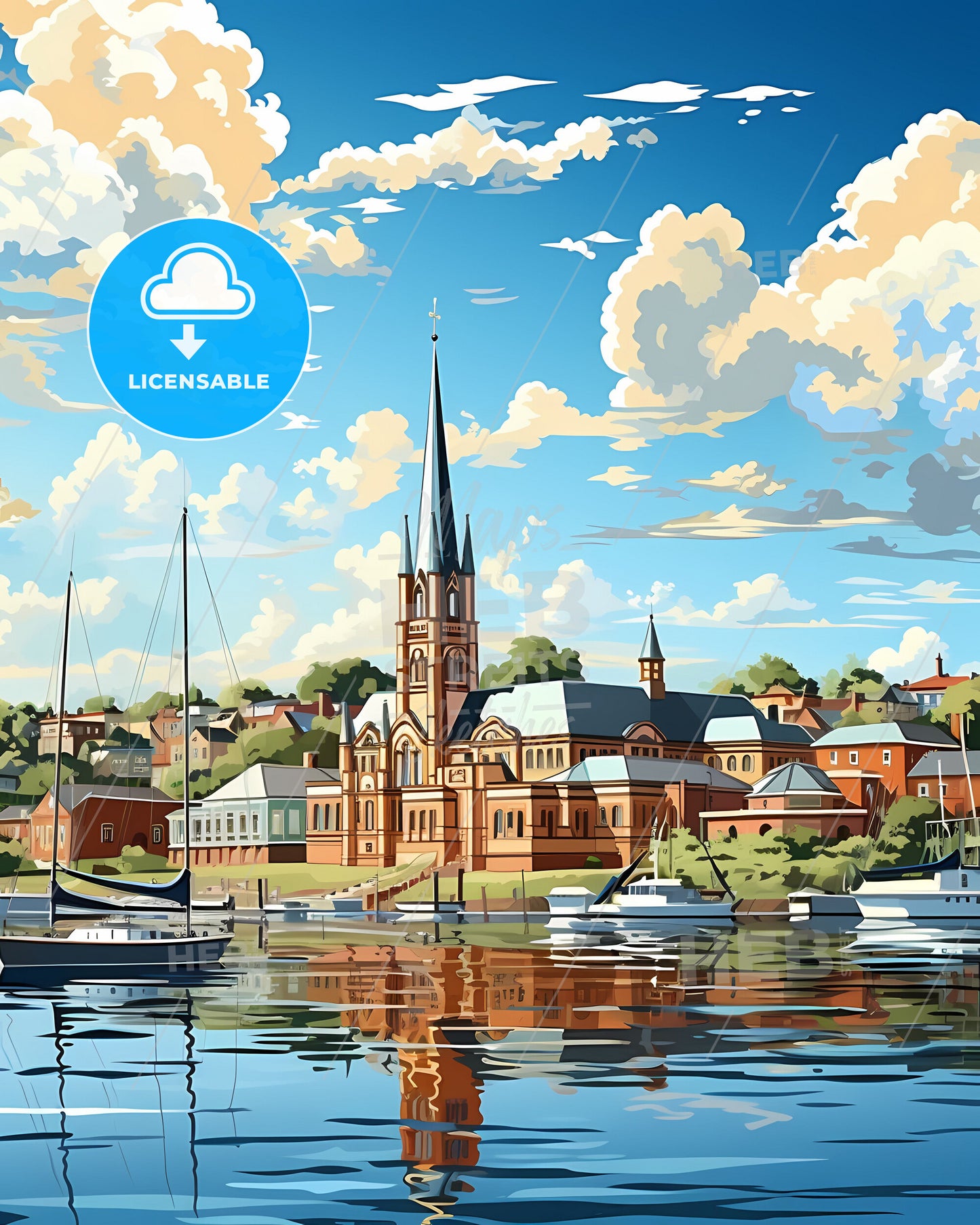 Vibrant Painting of Bunbury Town Skyline Featuring Boats on Water