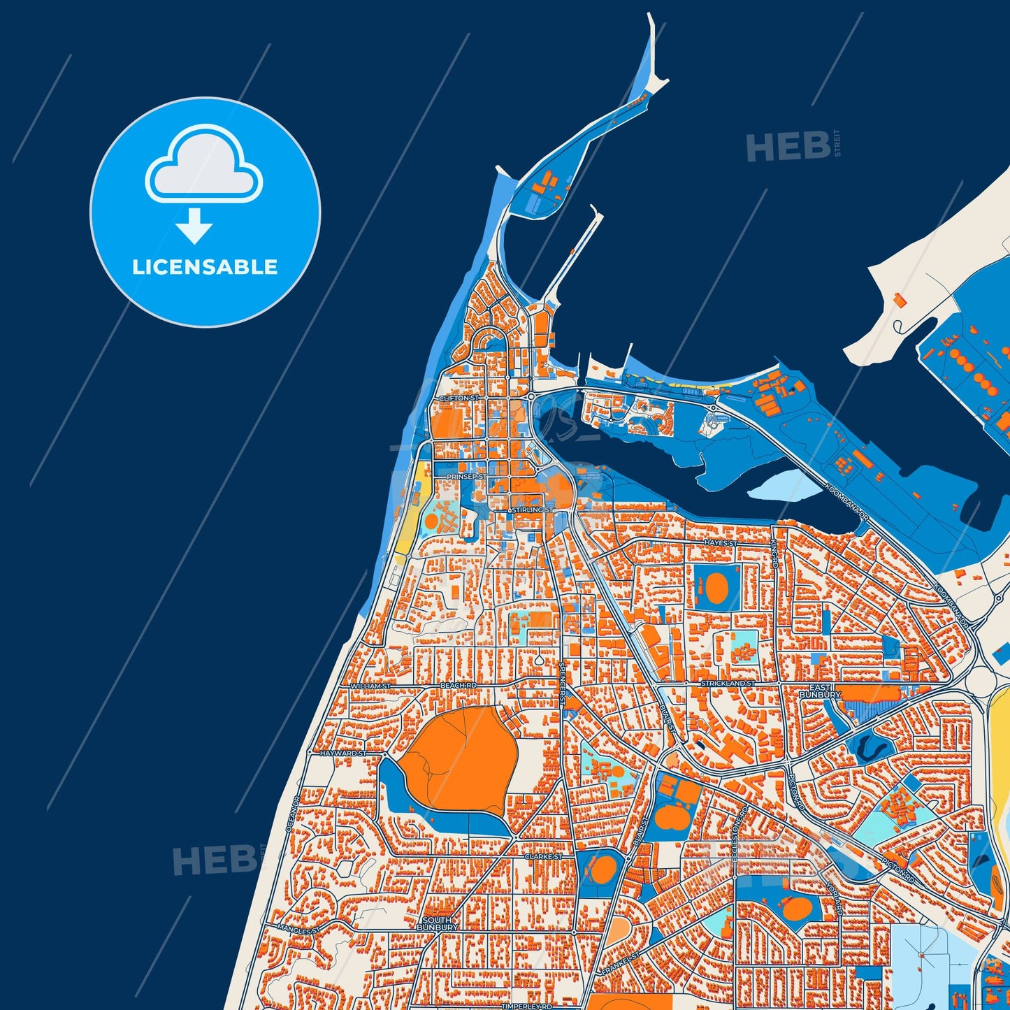 Colorful Bunbury Street Map with Labels and Buildings