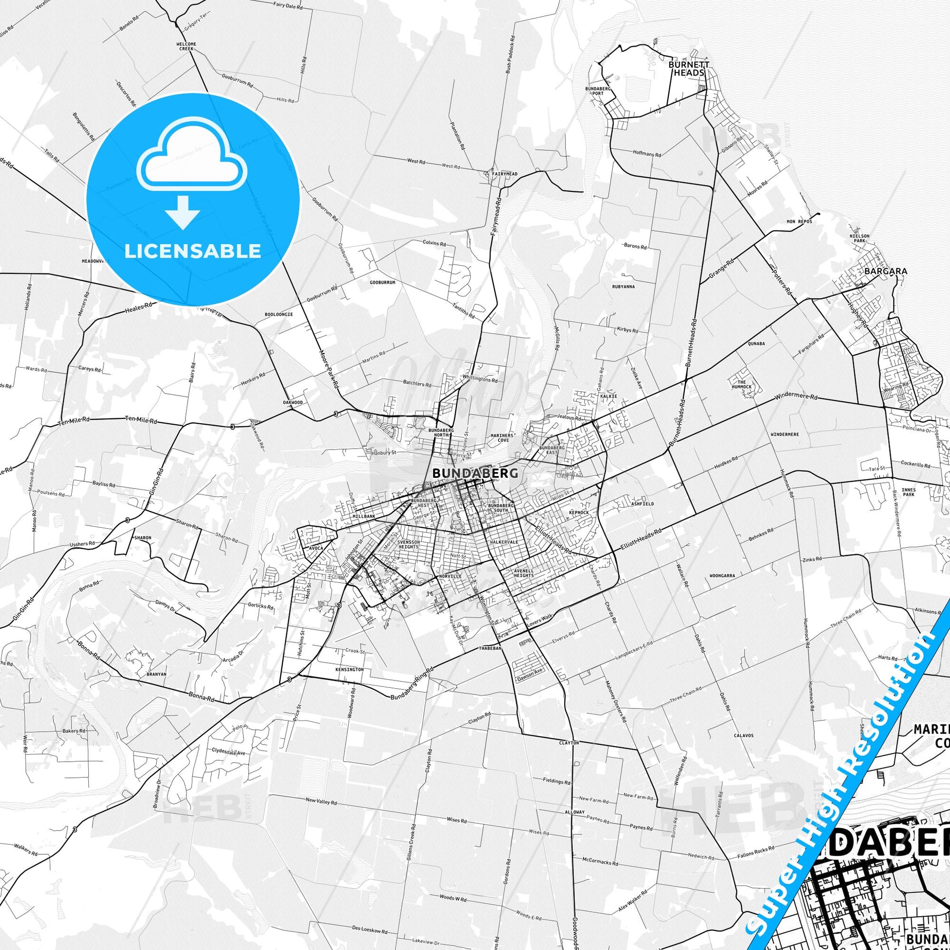 Bundaberg, Australia light map with streetnames, citynames and districts
