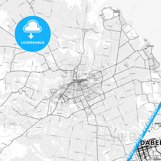 Bundaberg, Australia light map with streetnames, citynames and districts