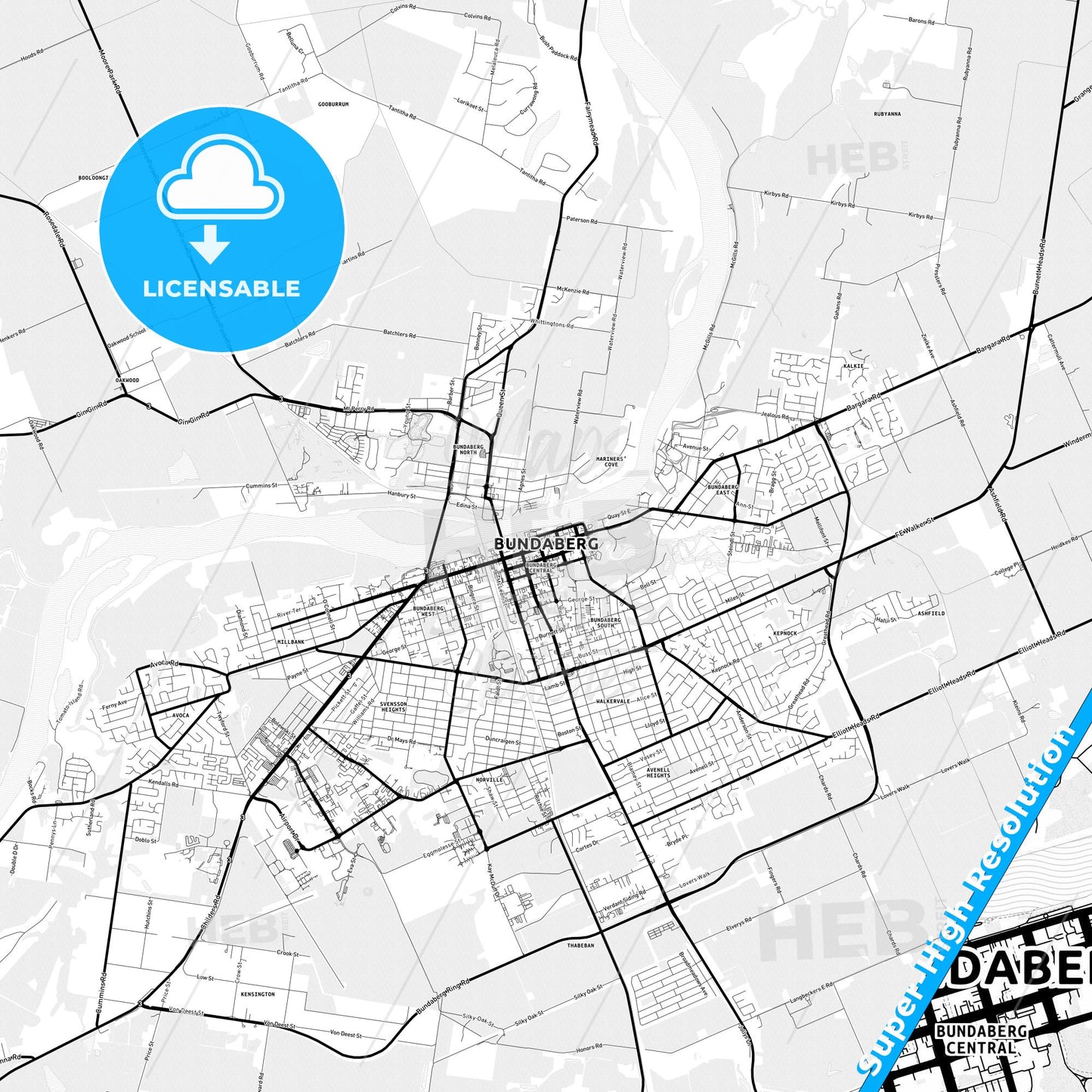 Bundaberg, Australia Light Map with Street Names, City Names, and Districts