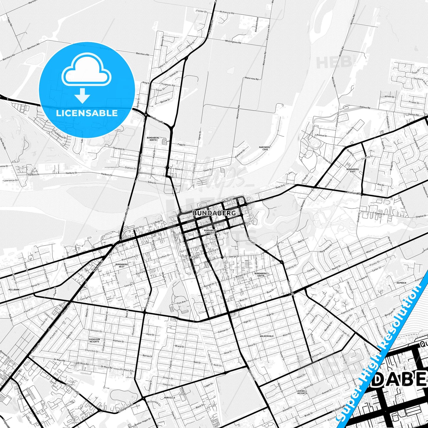 Bundaberg, Australia Light Map with Street Names, City Names, and Districts