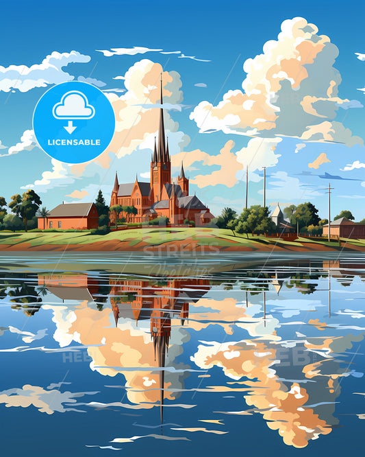 Colorful Australia Skyline Painting: Church on Hill with Trees and Water