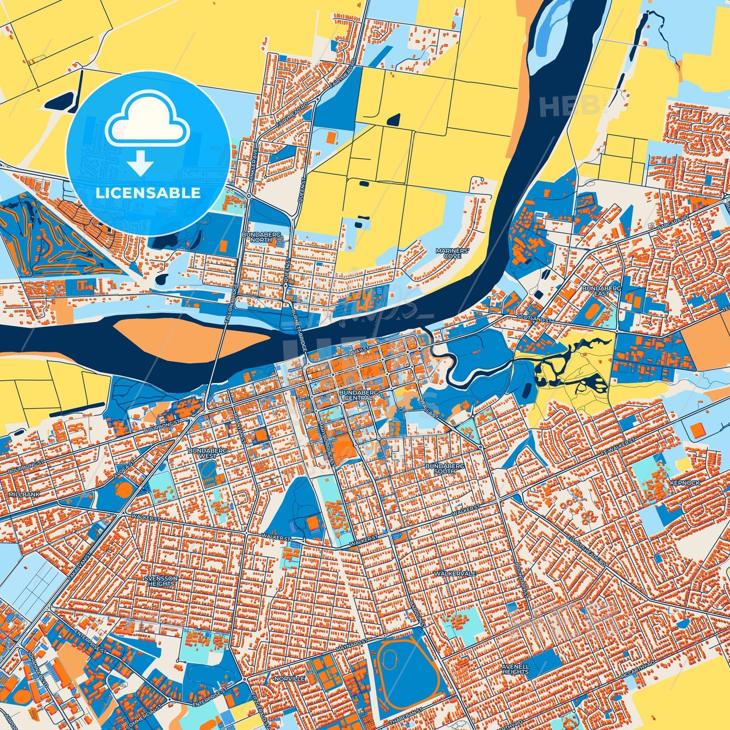 Colorful Bundaberg Street Map with Labels and Buildings