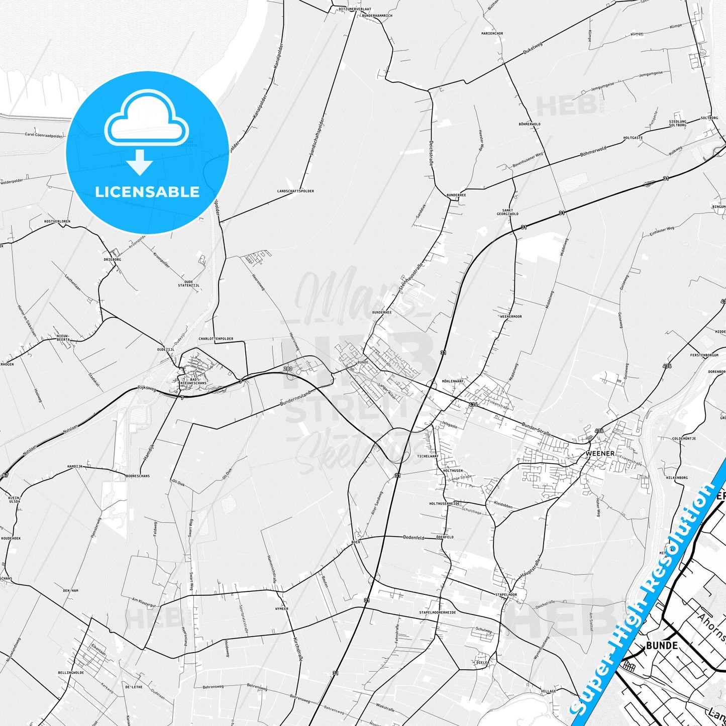 Bunde, Germany light map with streetnames, citynames and districts