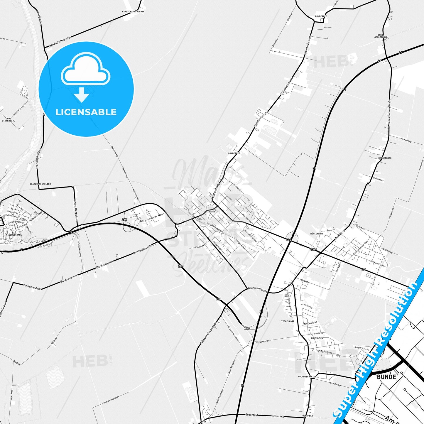 Bunde, Germany Light Map with Street Names, City Names, and Districts