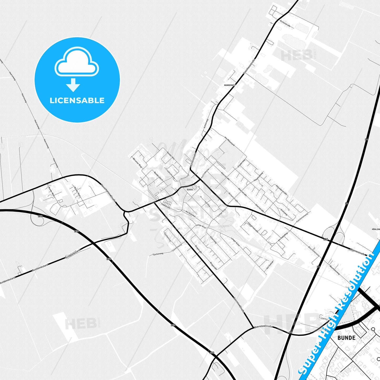 Bunde, Germany Light Map with Street Names, City Names, and Districts
