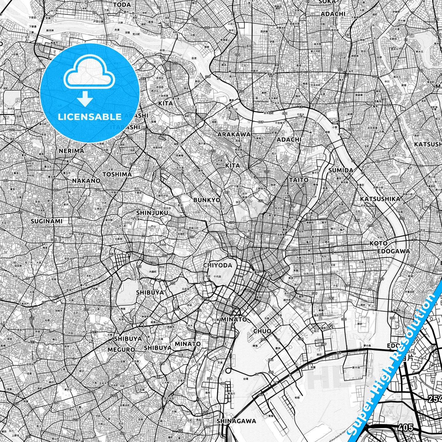 Bunkyō, Japan light map with streetnames, citynames and districts