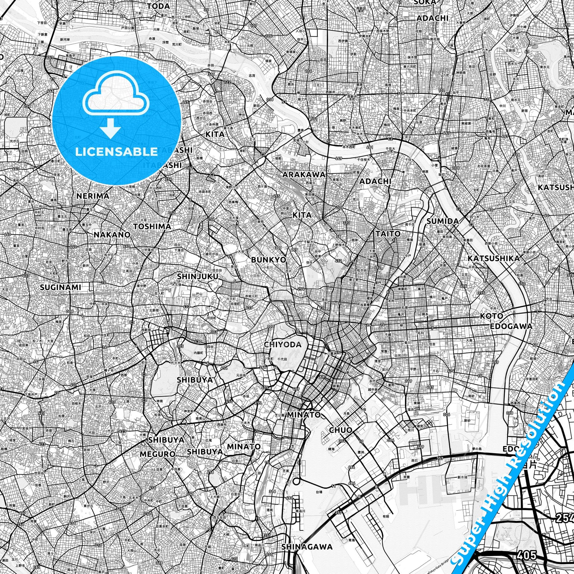Bunkyō, Japan light map with streetnames, citynames and districts