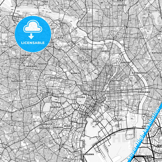 Bunkyō, Japan light map with streetnames, citynames and districts
