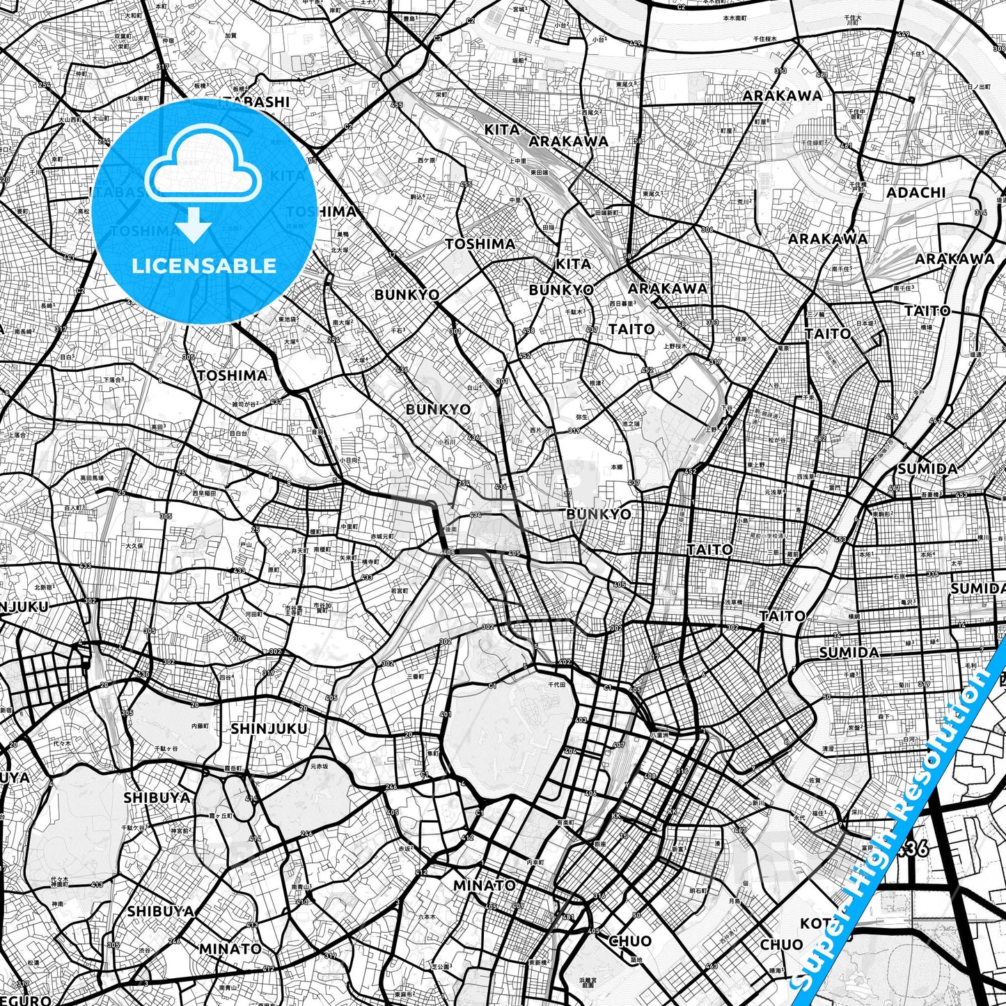 Bunkyō, Japan Light Map with Street Names, City Names, and Districts